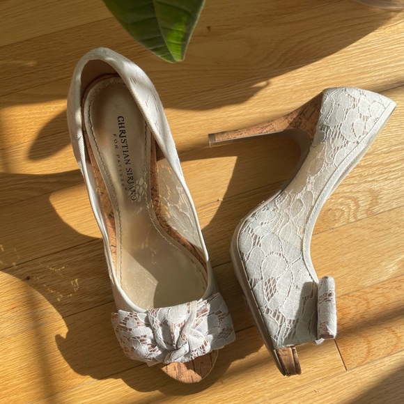 White lace open toe cork heels shoes 8.5 - Picture 5 of 13